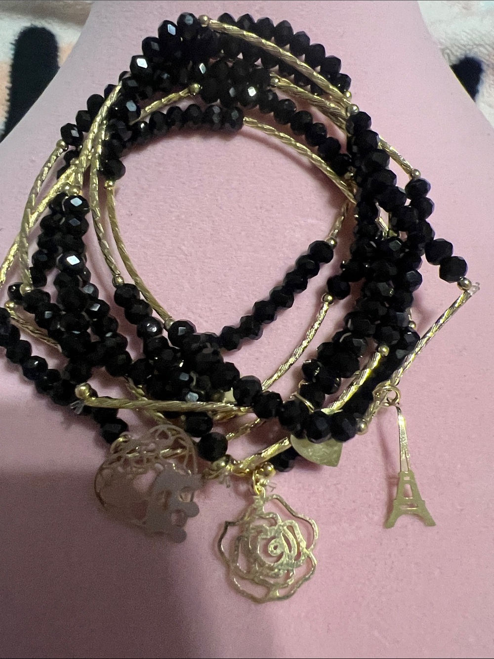 Gold & Black Beaded Multi-Strand Charm Bracelet - Women Jewelry